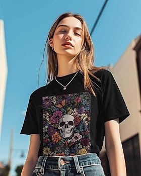 Amazon.com: Womens T Shirt Graphic Loose Tees Skull Flowers